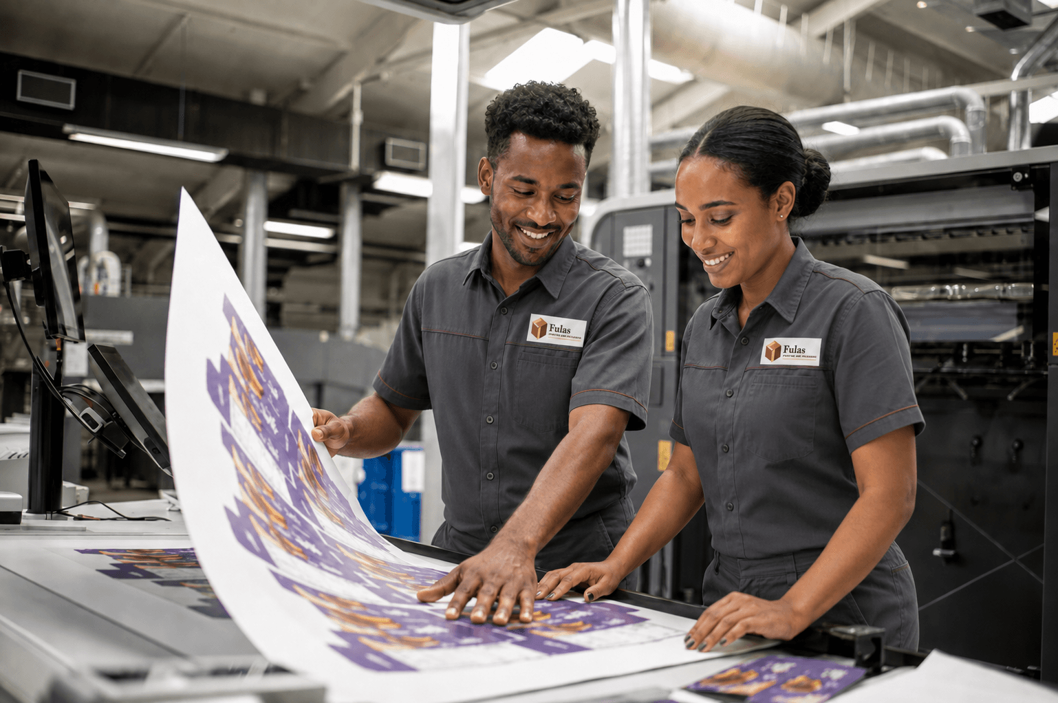 Two Fulas operators checking a freshly printed sheet at the press