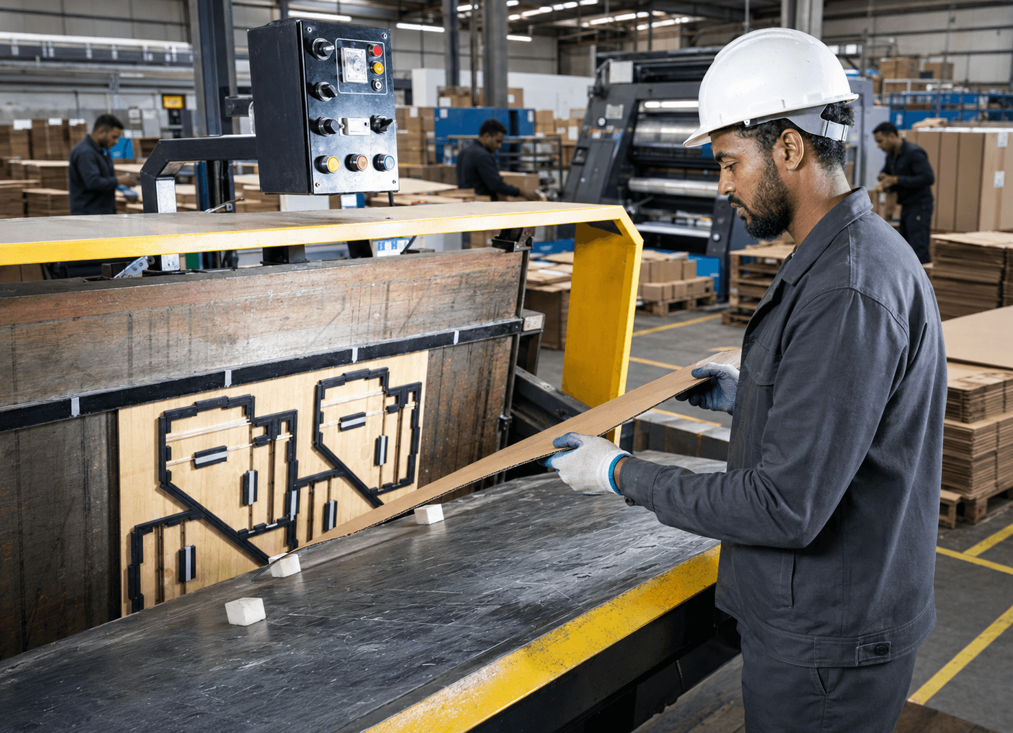 A Fulas operator setting up the die-cutting forme for a duplex-board packaging run